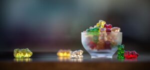 Gummibären in Schale, 3D Rendering,